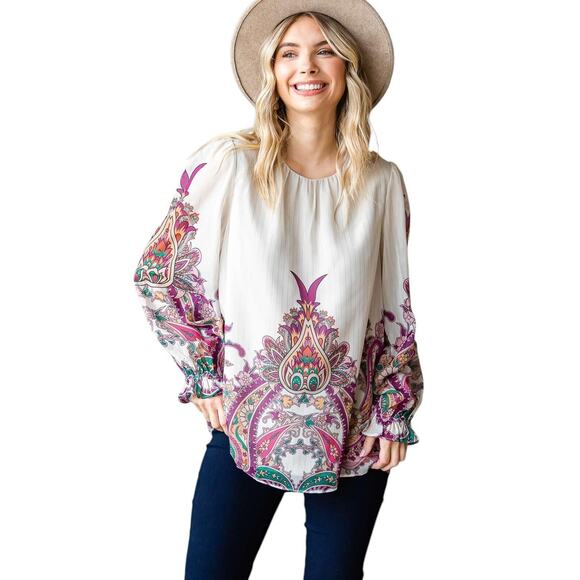 Cato Tops - NWT Cato Womens Bohemian Relaxed Fit Printed Blouse Top Puff Sleeve Cream 22/24W